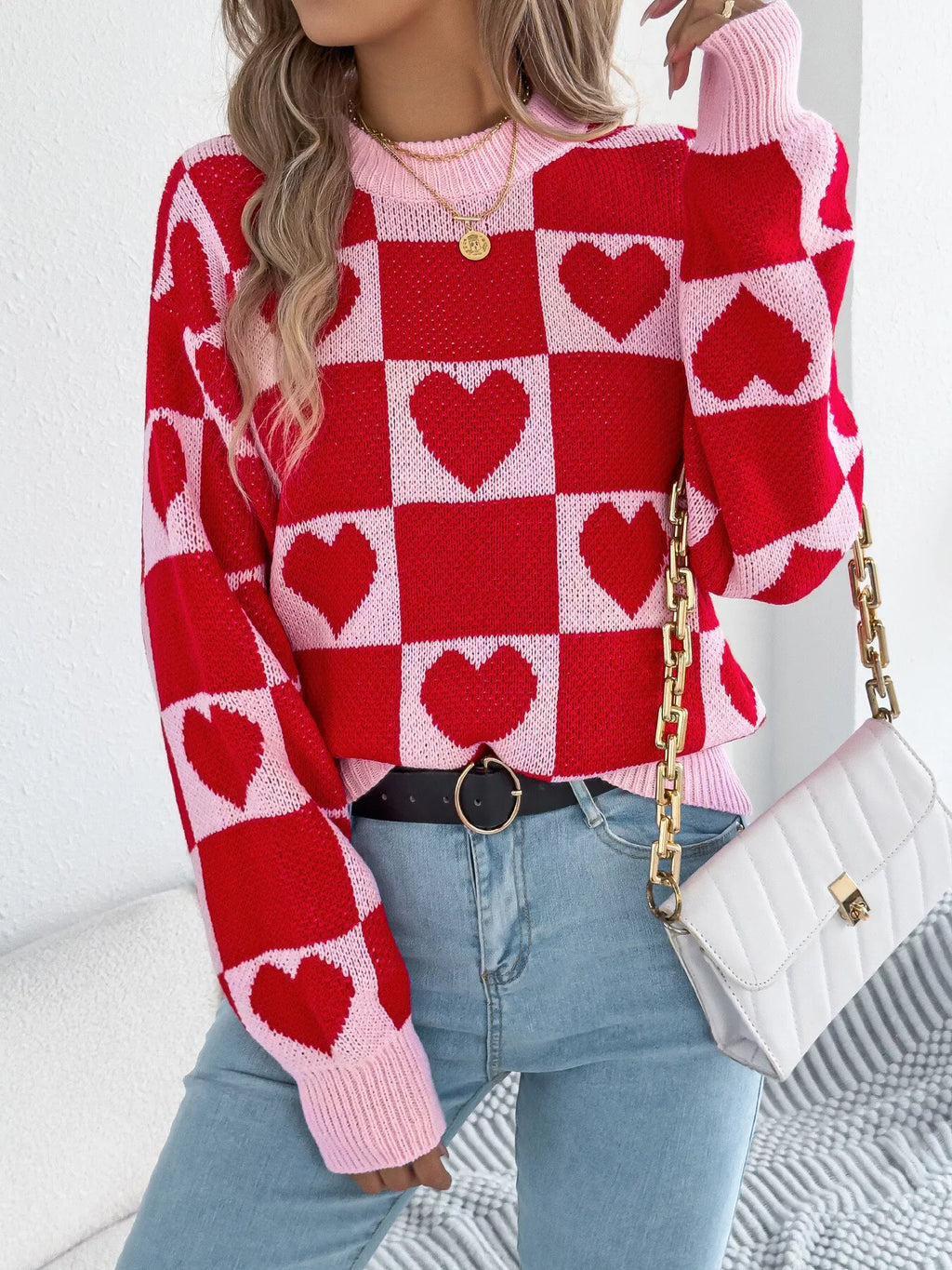 Sarah Express Women's Heart Checkerboard Pattern Round Neck Sweater