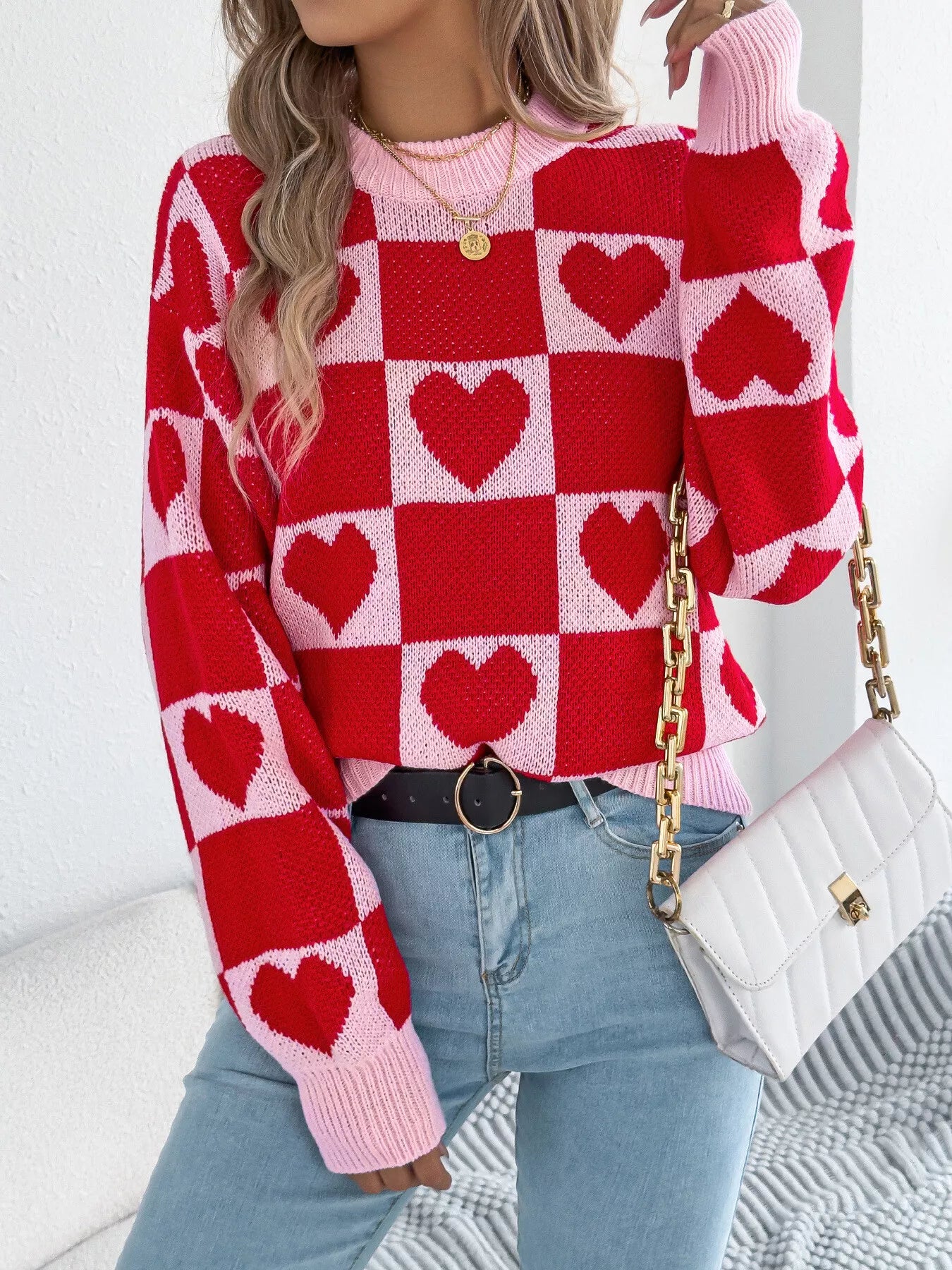 Sarah Express Women's Heart Checkerboard Pattern Round Neck Sweater