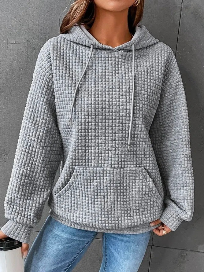 Women's Solid Color Hoodie Long Sleeve Plaid Pocket Pullover Sweatshirt Casual