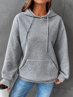 Women's Solid Color Hoodie Long Sleeve Plaid Pocket Pullover Sweatshirt Casual
