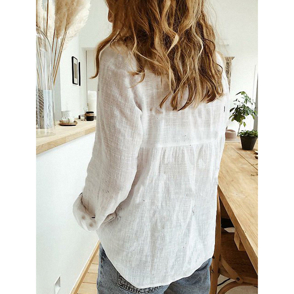 Women's Cotton Linen Button Up Shirt Long Sleeve Lapel Collar Classic Blouse Top