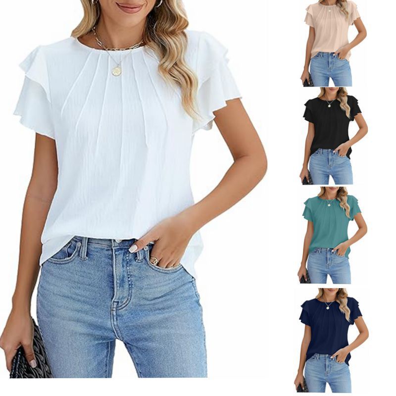 Women's Pleated Round Neck Blouse Short Sleeve Professional Work Top