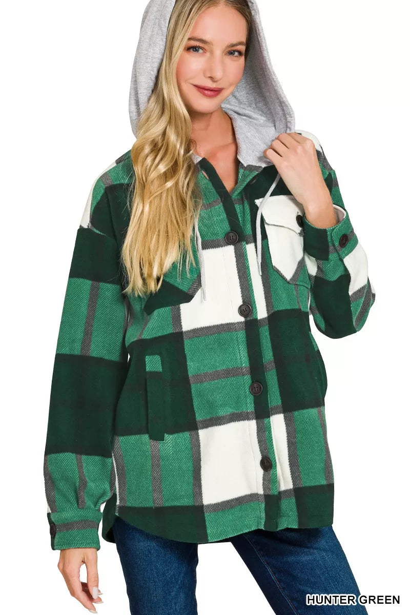Sarah Express Women's Plaid Drawstring Hooded Fleece Shacket