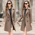 Women's Vintage Windbreaker Knee Length Tweed Coat Double Breasted Long Sleeve