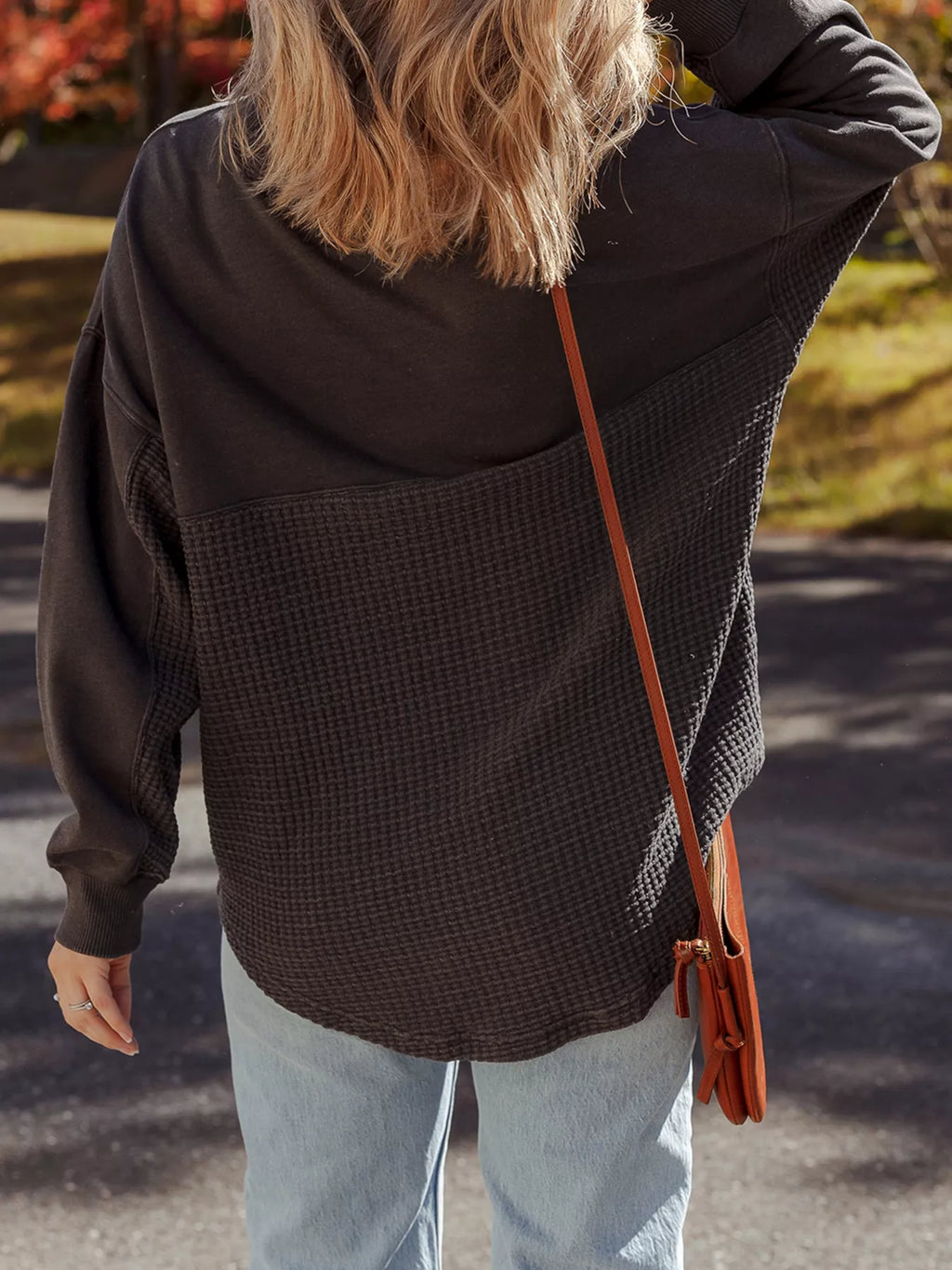 Sarah Express Women's Waffle Knit Patchwork Half Zip Casual Sweatshirt