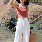 Women's High Waist Straight Leg Cotton Linen Pants Loose Fit Lightweight Summer Trousers