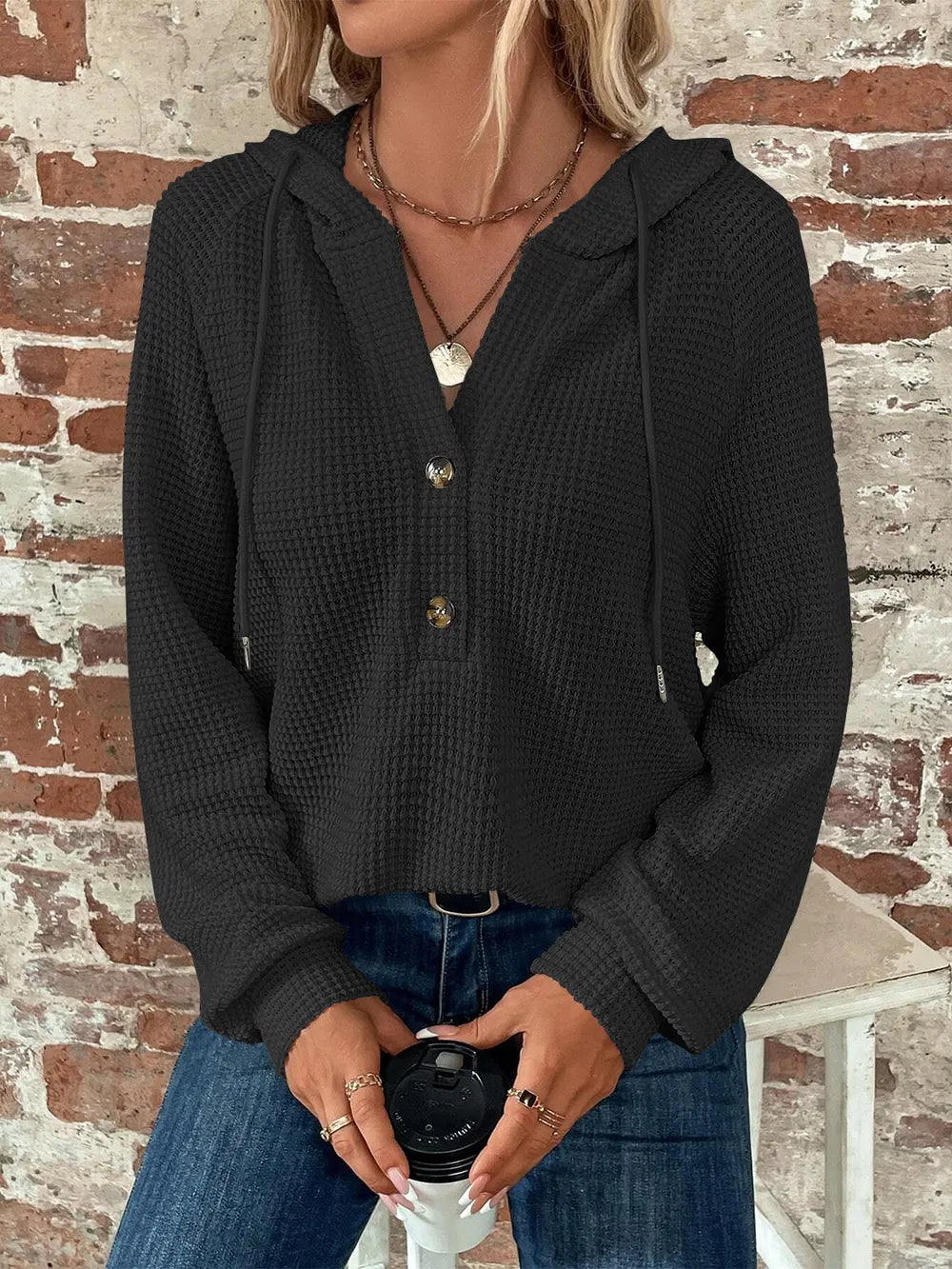 Sarah Express Women's Waffle Knit Long Sleeve Drawstring Hooded Top