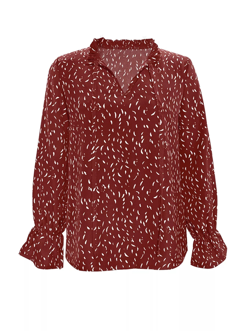 Sarah Express Women's Ruffled Printed Tie Neck Long Sleeve Blouse