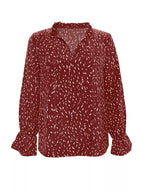 Sarah Express Women's Ruffled Printed Tie Neck Long Sleeve Blouse