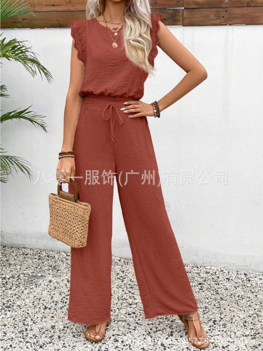 Sleeveless Vest Trousers Two Piece Set Lace Detail