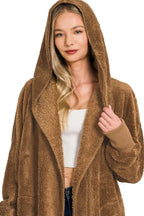  Hooded Faux Fur Jacket with Pockets
