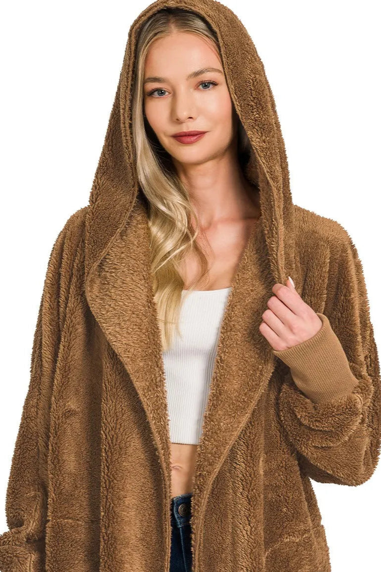  Hooded Faux Fur Jacket with Pockets