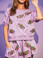 Sarah Express Women's Sequin Round Neck Top and Shorts Set Purple