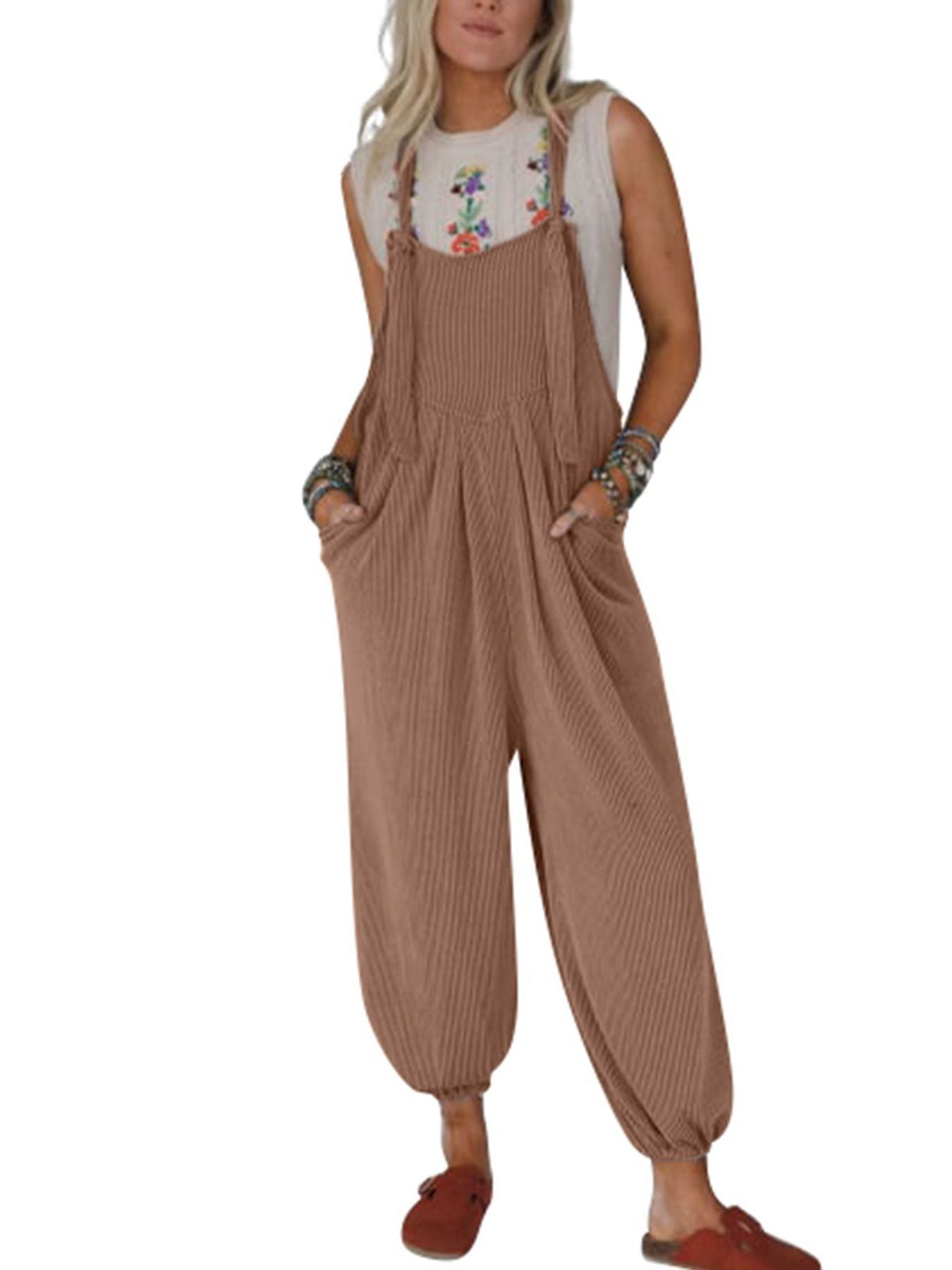 Women's Sleeveless Jumpsuit Wide Leg Casual Romper with Pockets