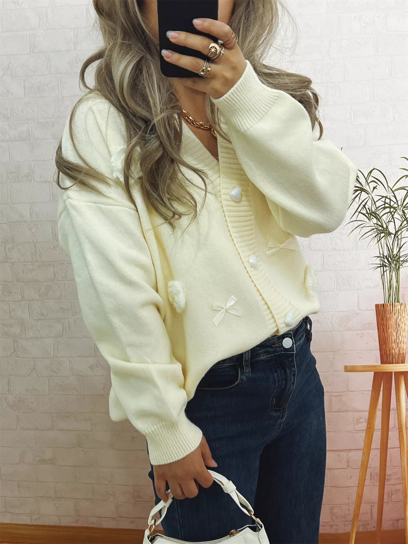 Sarah Express Women's Flower Heart Button Long Sleeve Cardigan