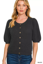 Sarah Express Women's Puff Sleeve Wool Sweater Cardigan BLACK