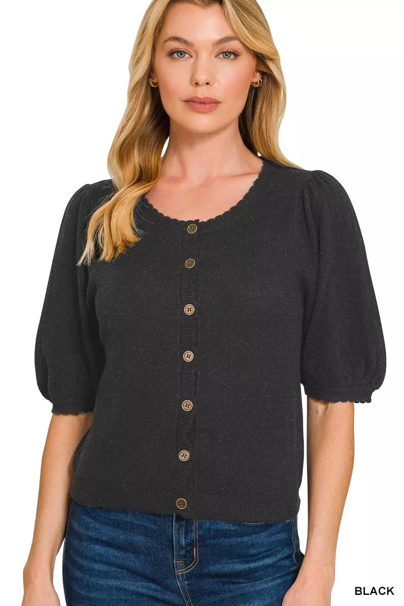 Sarah Express Women's Puff Sleeve Wool Sweater Cardigan BLACK