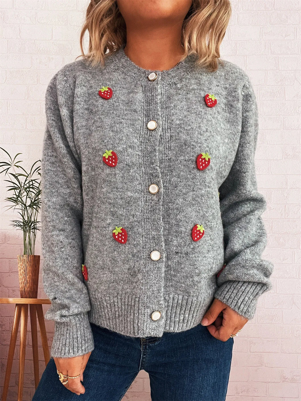 Sarah Express Women's Strawberry Button Up Long Sleeve Cardigan