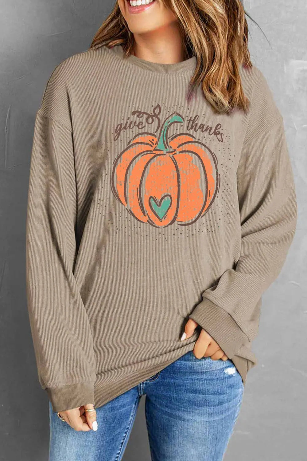 Sarah Express Women's Pumpkin Graphic Round Neck Long Sleeve Sweatshirt Tan