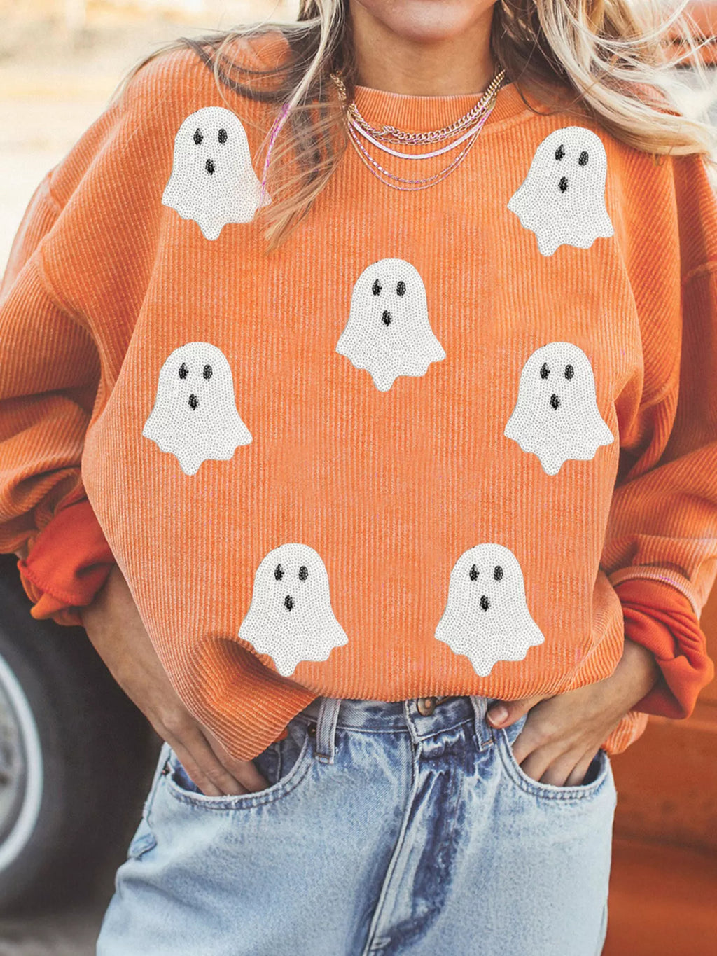 Sarah Express Women's Halloween Ghost Sequin Patched Twisted Ribbed Sweatshirt Tangerine