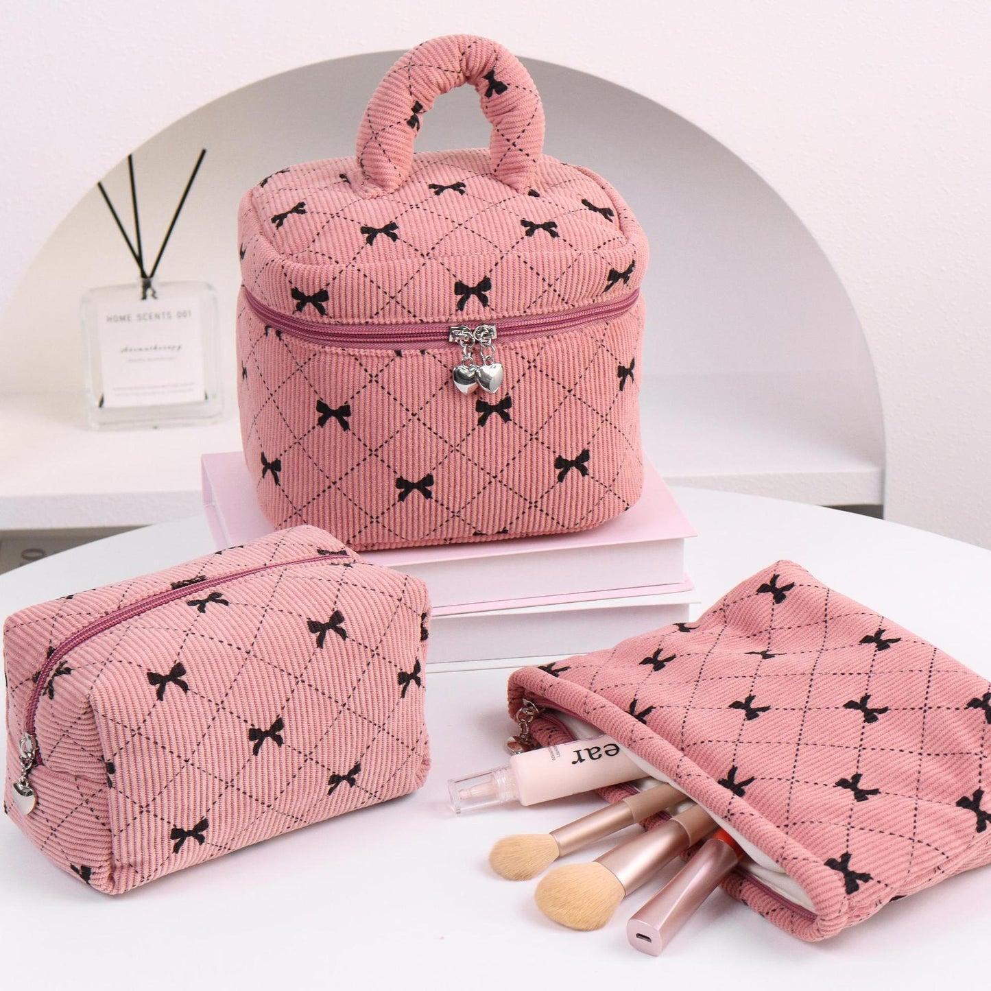 Sarah Express Corduroy Bow-Knot Makeup Bag - Large Capacity Cosmetic Organizer with Zipper