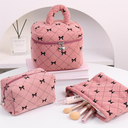 Sarah Express Corduroy Bow-Knot Makeup Bag - Large Capacity Cosmetic Organizer with Zipper