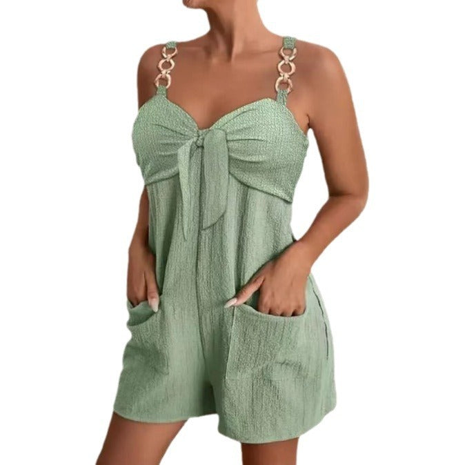 High Waist Sleeveless Romper Jumpsuit Metal Strap Pockets