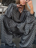 Sarah Express Women's Printed Button Up Shirt and Pants Set - Two Piece Outfit Black