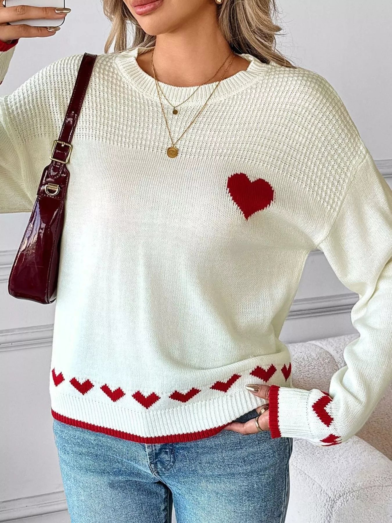 Sarah Express Women's Heart Pattern Dropped Shoulder Sweater