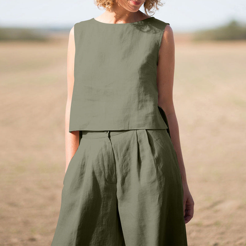 Cotton Linen Loose Two-Piece Set Top and Pants