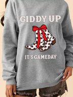 Sarah Express Women's Giddy Up Its Game Day Cowgirl Boots Graphic Sweatshirt Gray
