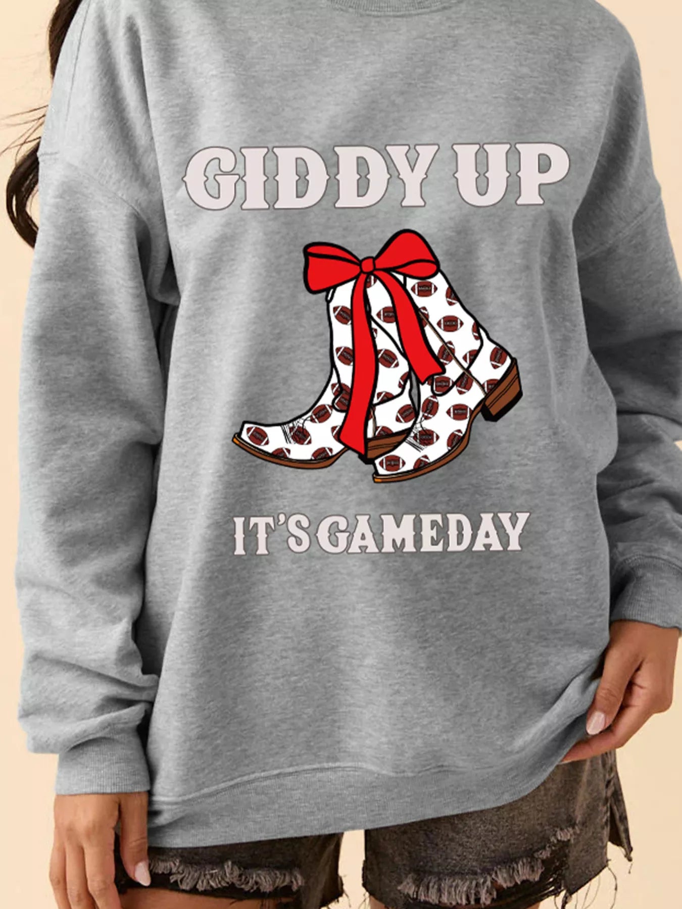 Sarah Express Women's Giddy Up Its Game Day Cowgirl Boots Graphic Sweatshirt Gray