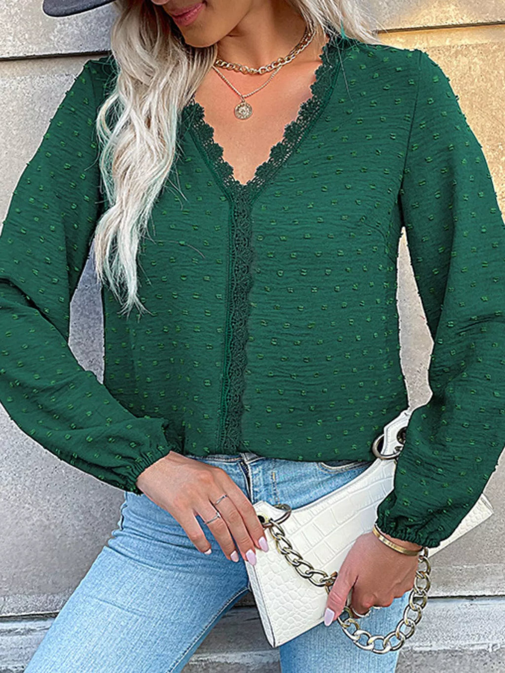 Sarah Express Women's Lace Detail V-Neck Long Sleeve Blouse