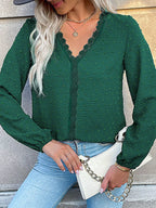 Sarah Express Women's Lace Detail V-Neck Long Sleeve Blouse