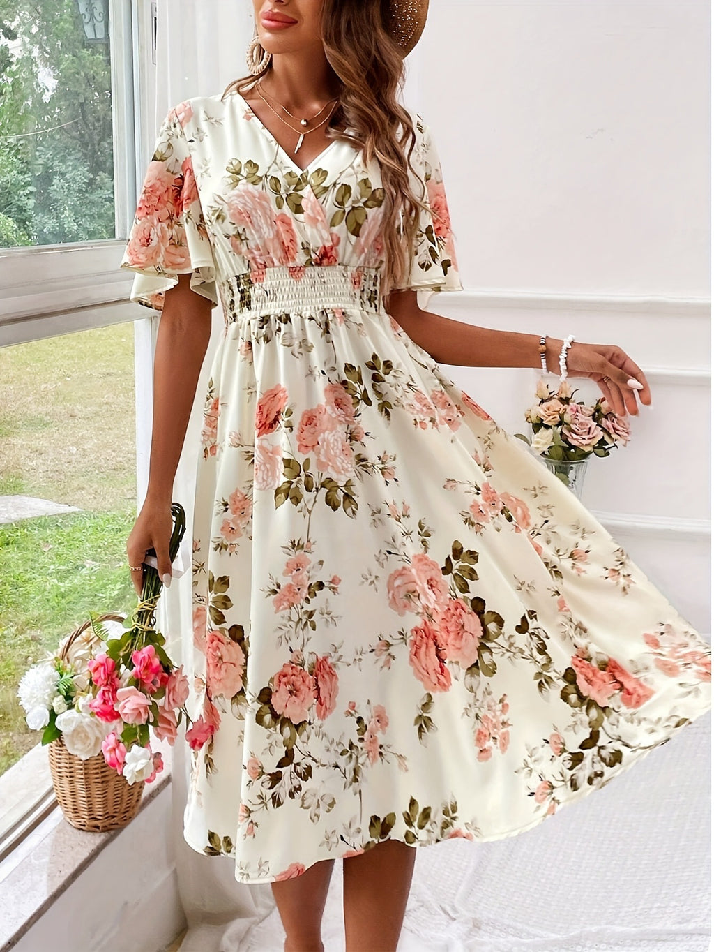 Women's Floral Print Smocked Waist Maxi Dress with Belt A-Line