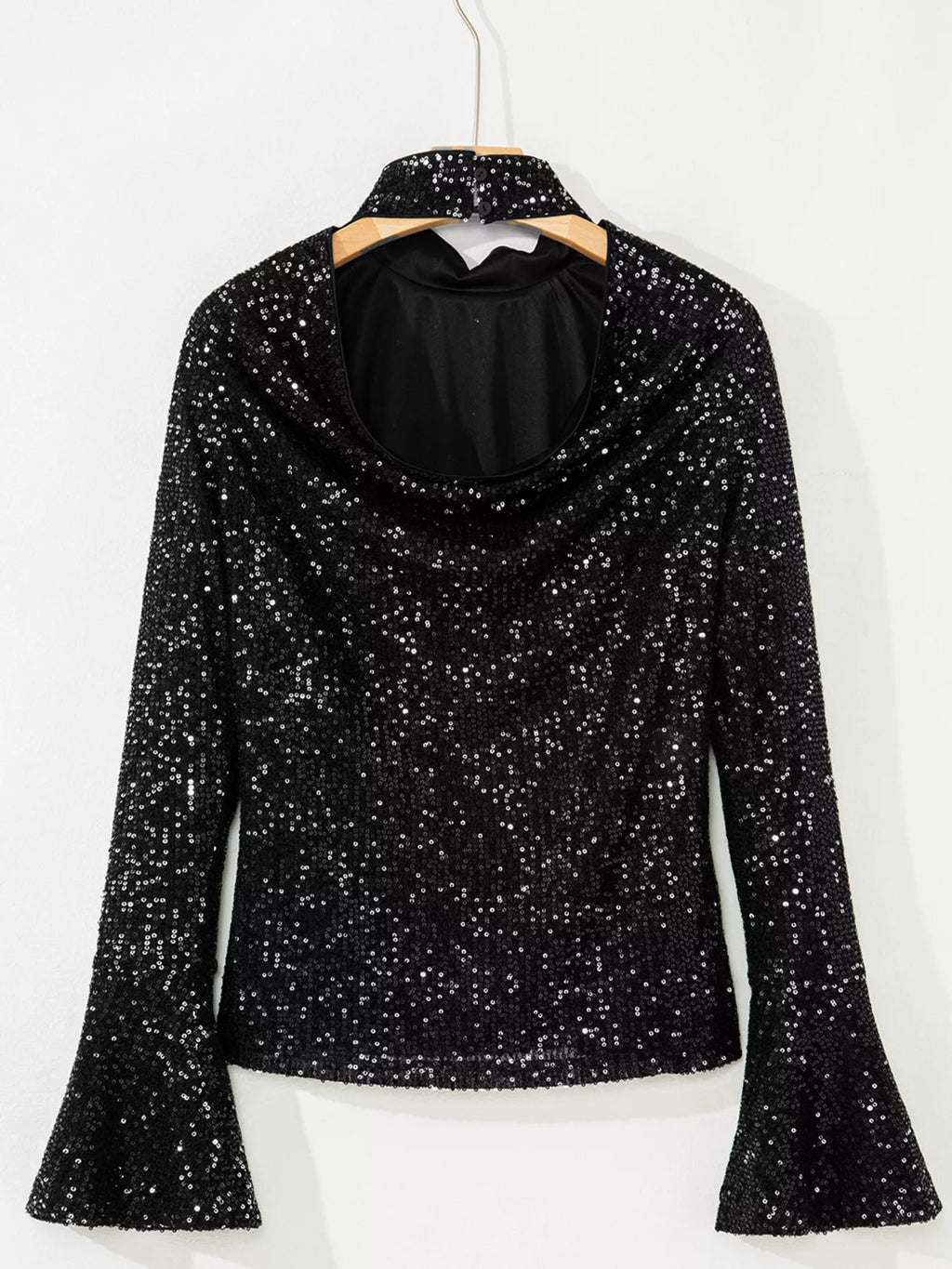 Sarah Express Women's Sequin Mock Neck Bell Sleeve Top - Backless Drape Design