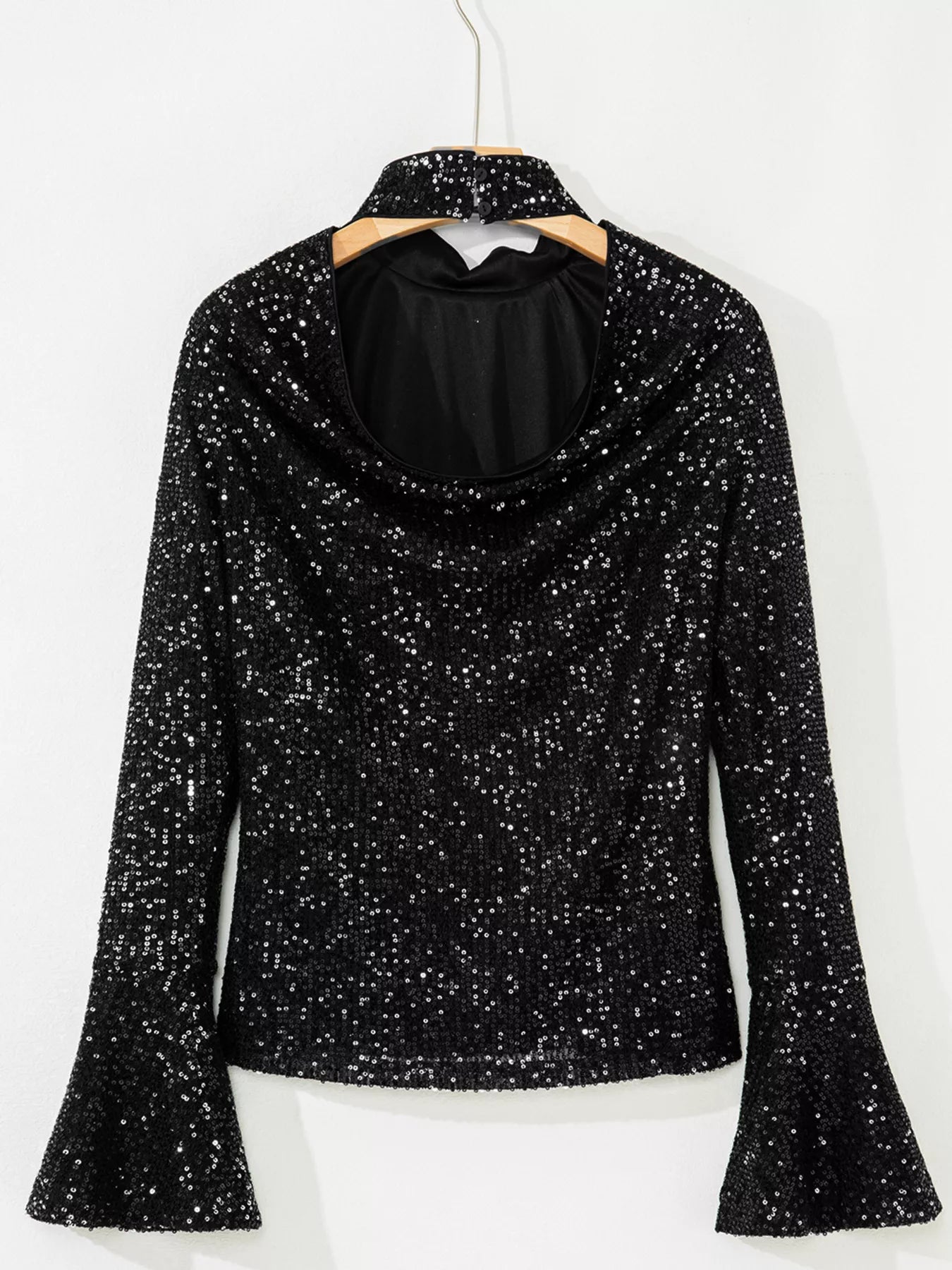 Sarah Express Women's Sequin Mock Neck Bell Sleeve Top - Backless Drape Design