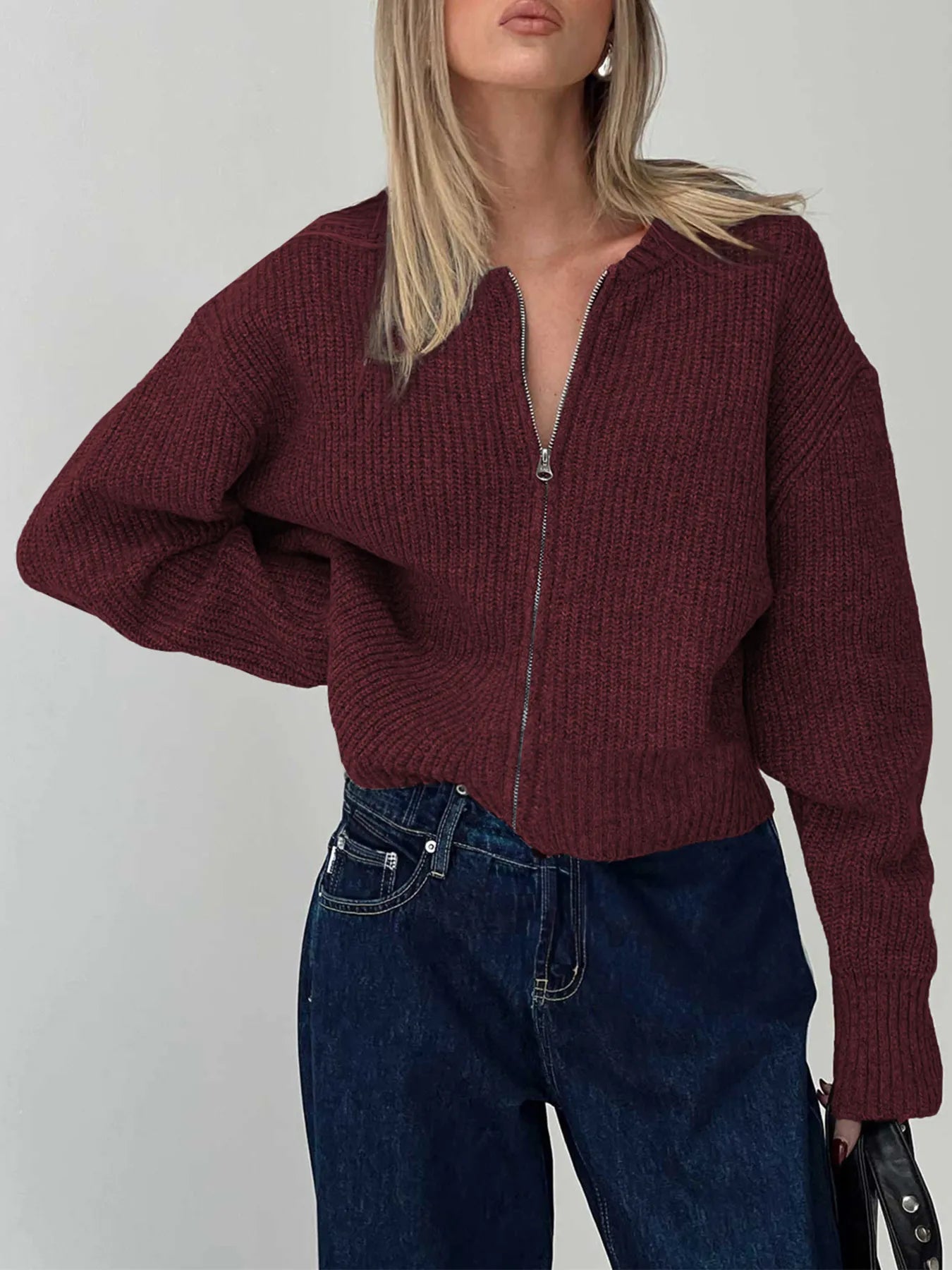 Sarah Express Women's Zip Up Long Sleeve Cardigan - Ribbed Knit Sweater Burgundy