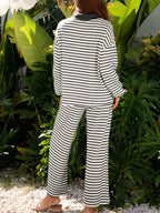 Sarah Express Women's Striped Contrast Top and Wide Leg Pants Set