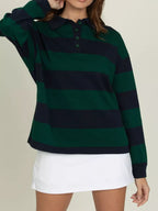 Sarah Express Women's Striped Polo Collar Sweatshirt with Button Details