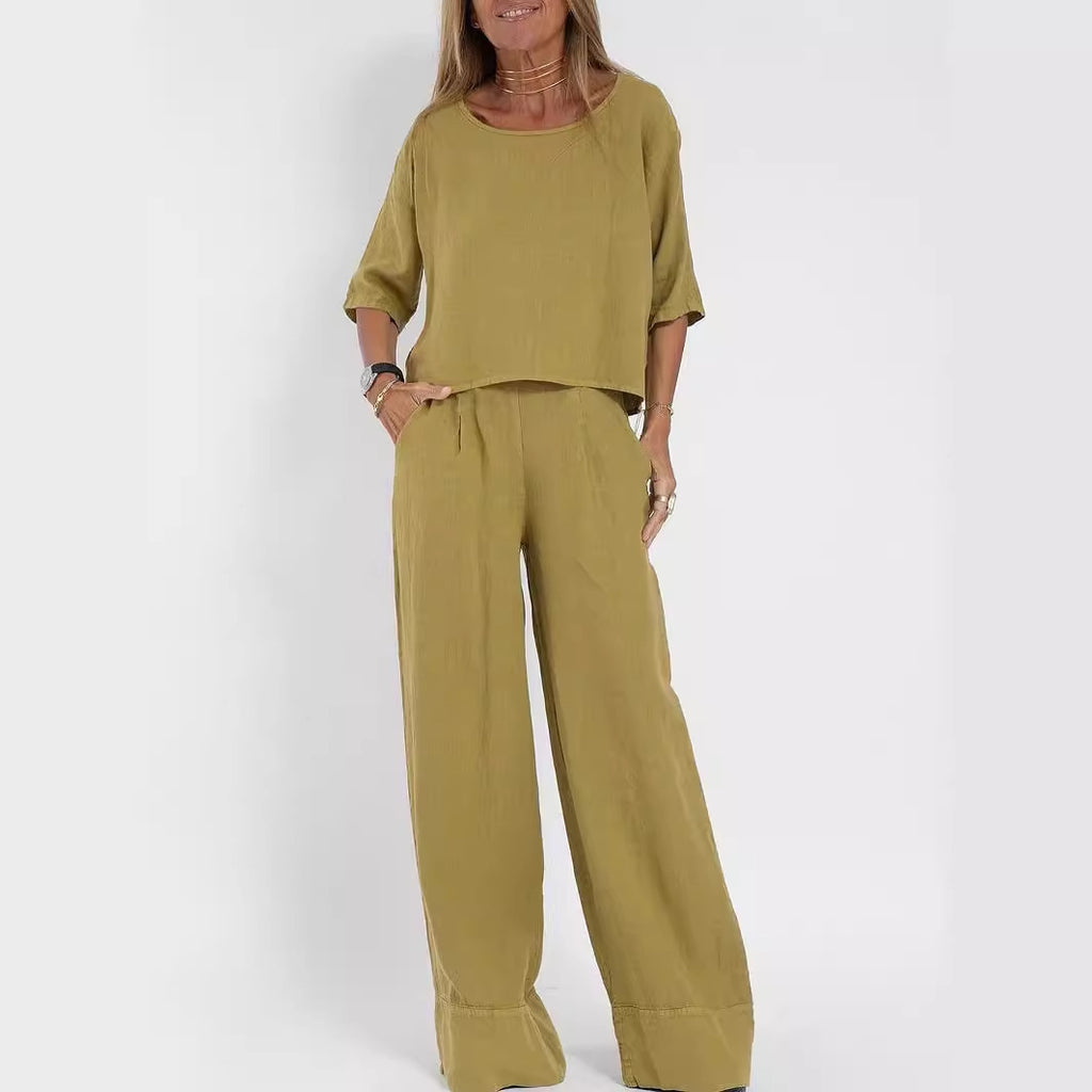 Cotton Linen Two-Piece Pants Suit Cropped Sleeve Wide Leg Casual Set