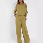 Cotton Linen Two-Piece Pants Suit Cropped Sleeve Wide Leg Casual Set