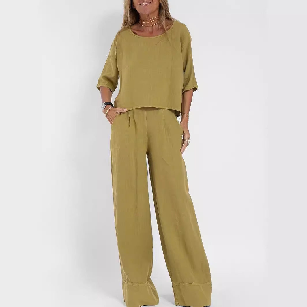 Cotton Linen Two-Piece Pants Suit Cropped Sleeve Wide Leg Casual Set