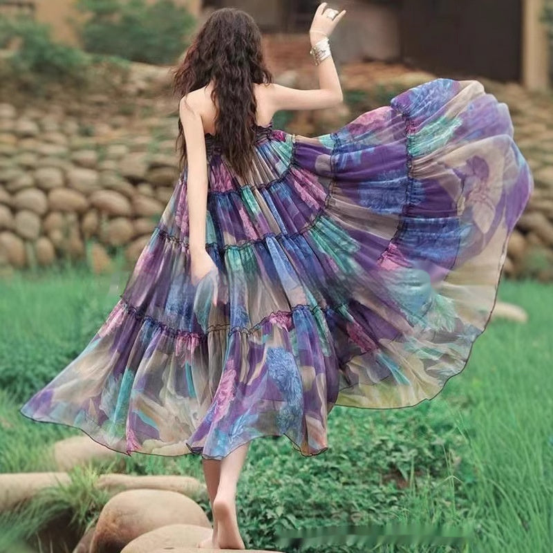 Women's Printed A-Line Midi Skirt Elastic Waist Retro Character Print