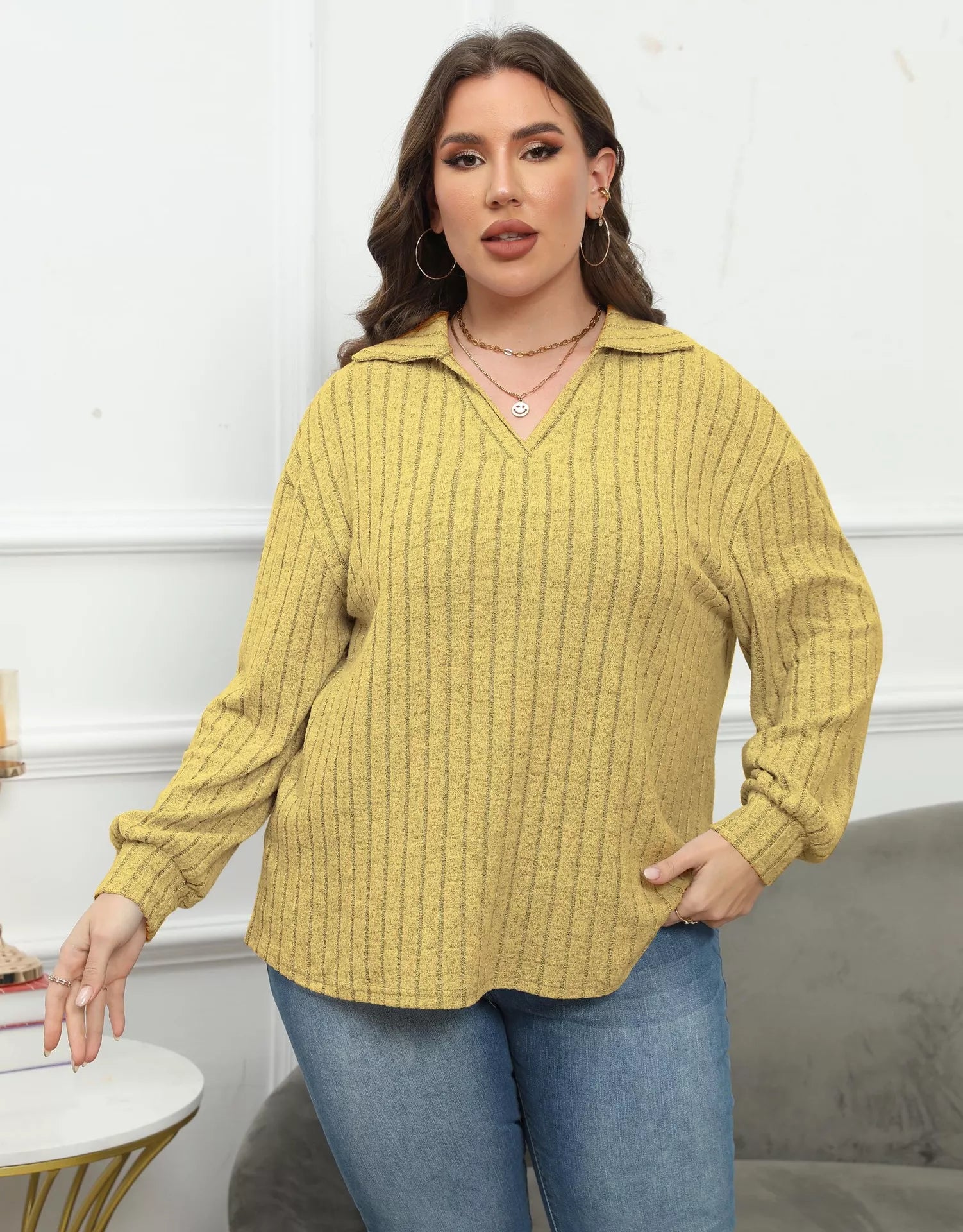 Sarah Express Women's Plus Size Ribbed Knit Polo Collar T-Shirt Mustard