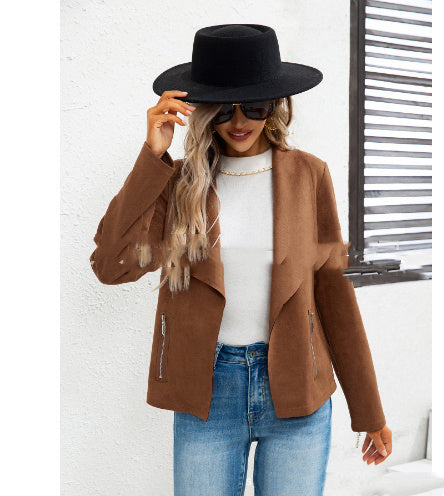 Women's Solid Color Suede Jacket Long Sleeve Button Front Coat