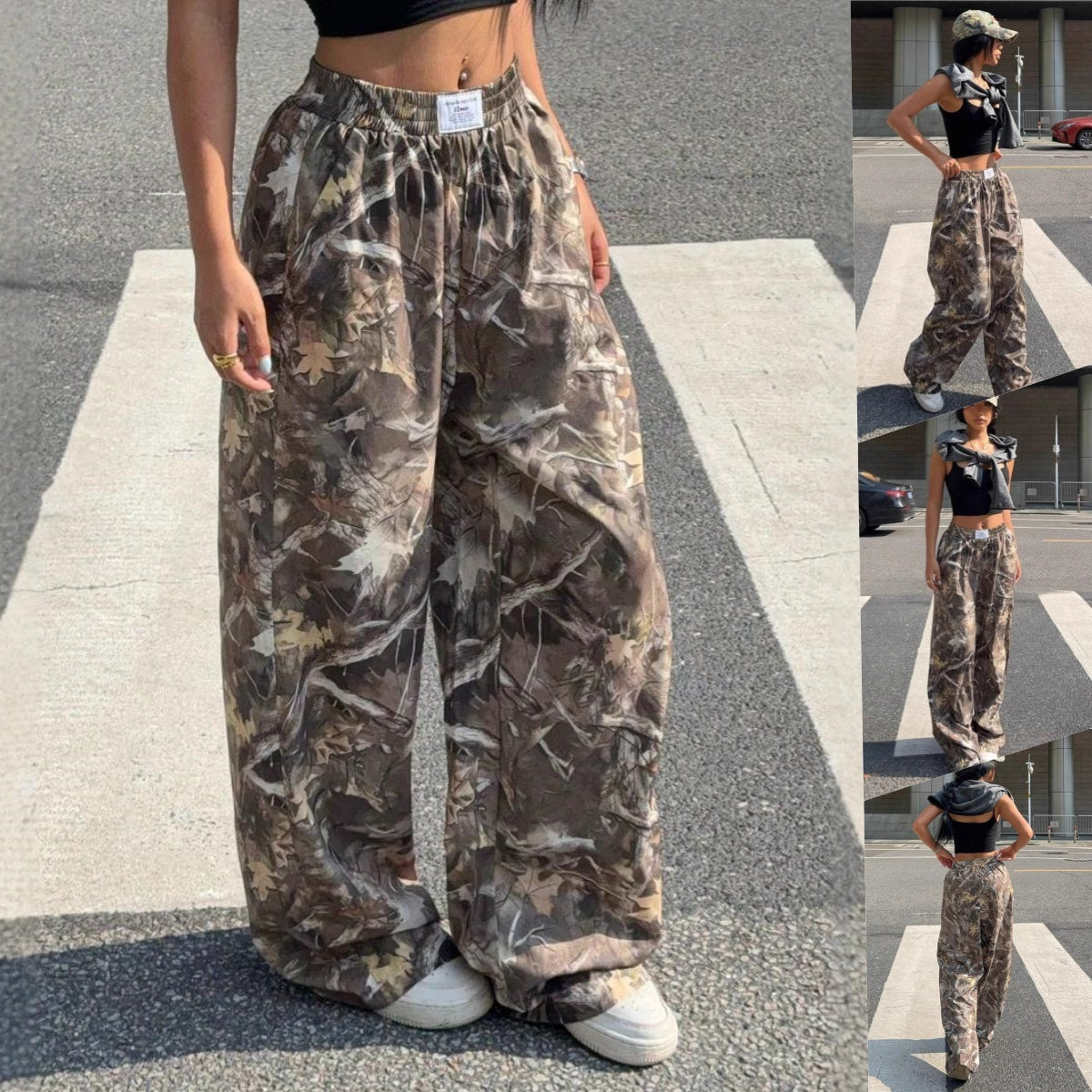 Sarah Express Women's High Waist Camouflage Cargo Pants Y2K Hip-Hop Street Style Multi-Pocket Loose Baggy Fit
