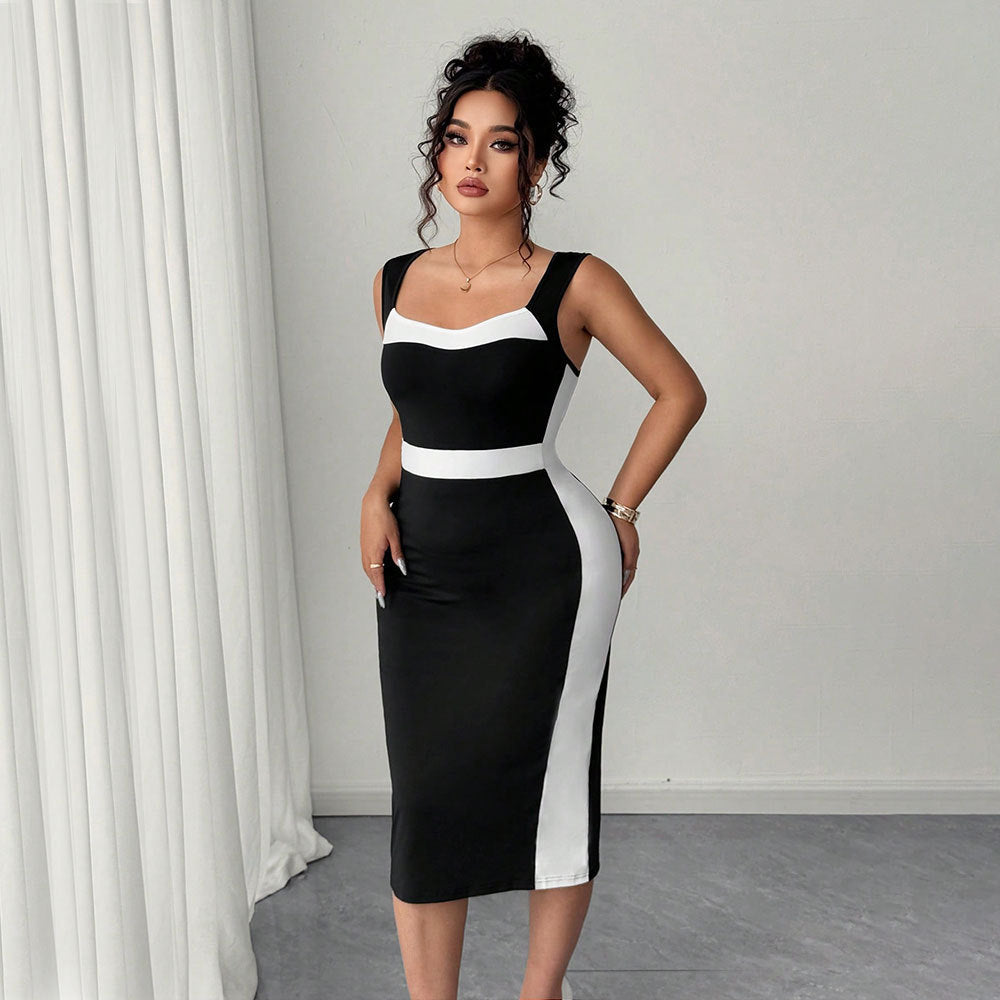 Women's High Waist Sleeveless Contrasting Color Bodycon Midi Dress