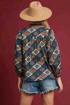 Abstract Print Ruffle Neck Top