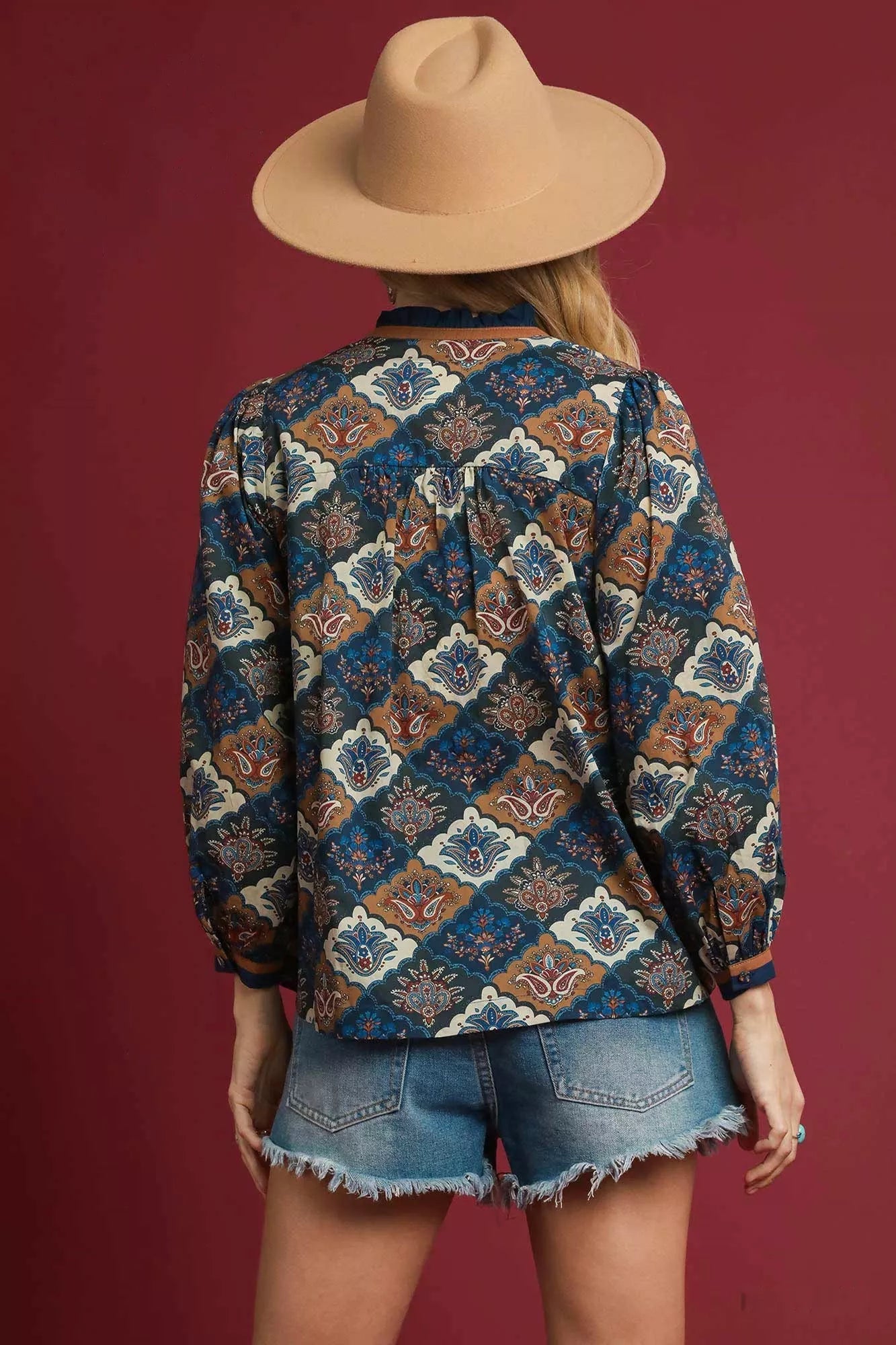 Abstract Print Ruffle Neck Top